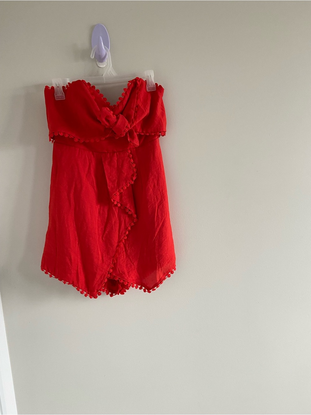 Red Strapless Pom-Pom Trim Skort Romper